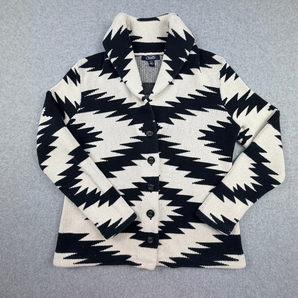 Chaps Women Small Black Cream Aztec Geometric Shawl Collar Button Front Cardigan